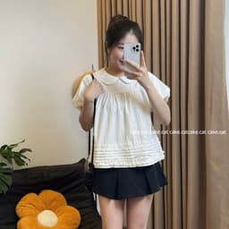 Áo Kiểu Nữ Cổ Sen Tay Bồng Dáng Babydoll Gấu Xếp Ly Nhún Bèo Vải Xốp Nhăn  - Cakecat 5