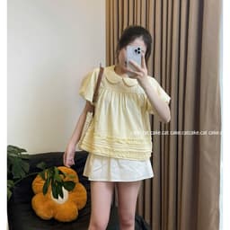 Áo Kiểu Nữ Cổ Sen Tay Bồng Dáng Babydoll Gấu Xếp Ly Nhún Bèo Vải Xốp Nhăn  - Cakecat 6