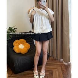 Áo Kiểu Nữ Cổ Sen Tay Bồng Dáng Babydoll Gấu Xếp Ly Nhún Bèo Vải Xốp Nhăn  - Cakecat 7