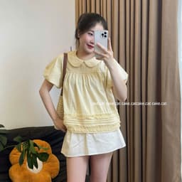 Áo Kiểu Nữ Cổ Sen Tay Bồng Dáng Babydoll Gấu Xếp Ly Nhún Bèo Vải Xốp Nhăn  - Cakecat 8