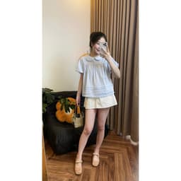 Áo sơ mi babydoll tay bồng 2 lớp cổ sen có phối bèo quanh áo chất vải gió hàn by Halinh M400 3