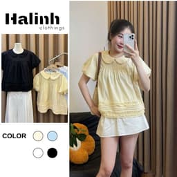 Áo sơ mi babydoll tay bồng 2 lớp cổ sen có phối bèo quanh áo chất vải gió hàn by Halinh M400 1