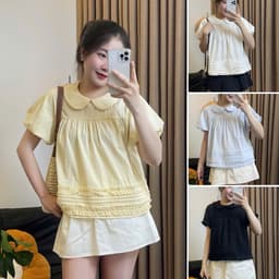 Áo sơ mi babydoll tay bồng 2 lớp cổ sen có phối bèo quanh áo chất vải gió hàn by Halinh M400 7