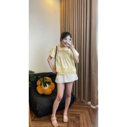 Áo sơ mi babydoll tay bồng 2 lớp cổ sen có phối bèo quanh áo chất vải gió hàn by Halinh M400 6