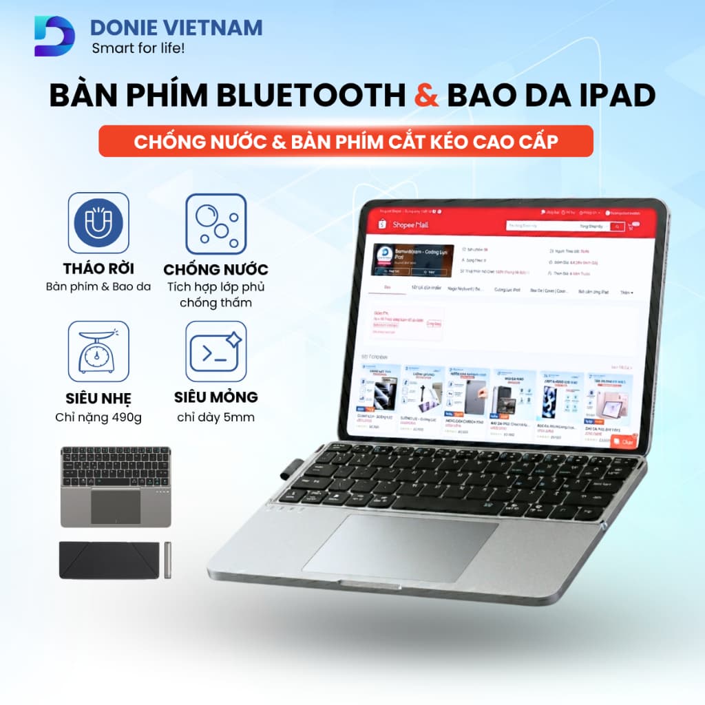 [Bản Gấp Gọn] Bàn phím iPad Bluetooth tích hợp Bao da cao cấp Donievietnam BH 3 Tháng H01