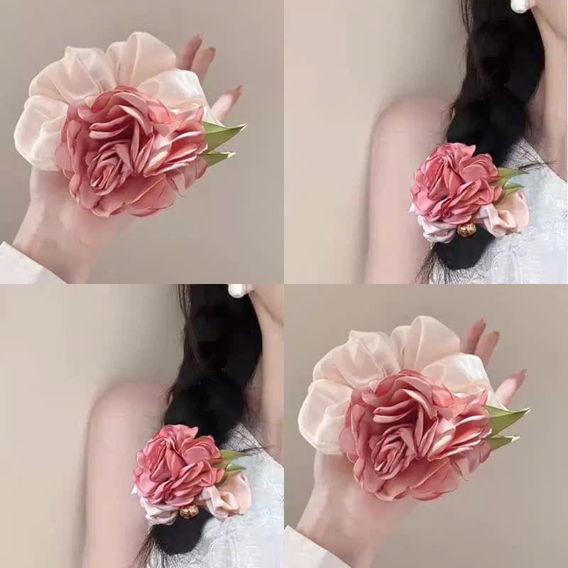 Buộc Tóc Đính Hoa Hồng Lụa Khổng Lồ 3D – Dây Cột Tóc Scrunchie Sang Chảnh Dự Tiệc, Đi Học