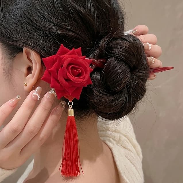 [HOT TREND] Trâm Cài Tóc Nữ Hình Hoa Hồng 3D Màu Đỏ – Phụ Kiện Tóc Cổ Trang Phong Cách Tiểu Thư Thanh Lịch