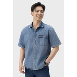 Deal Tốt- Áo sơ mi jean cộc tay nam GENVIET JEANS dáng suông chất denim cao cấp hiệu ứng Swash basic dễ phối đồ 9088 7