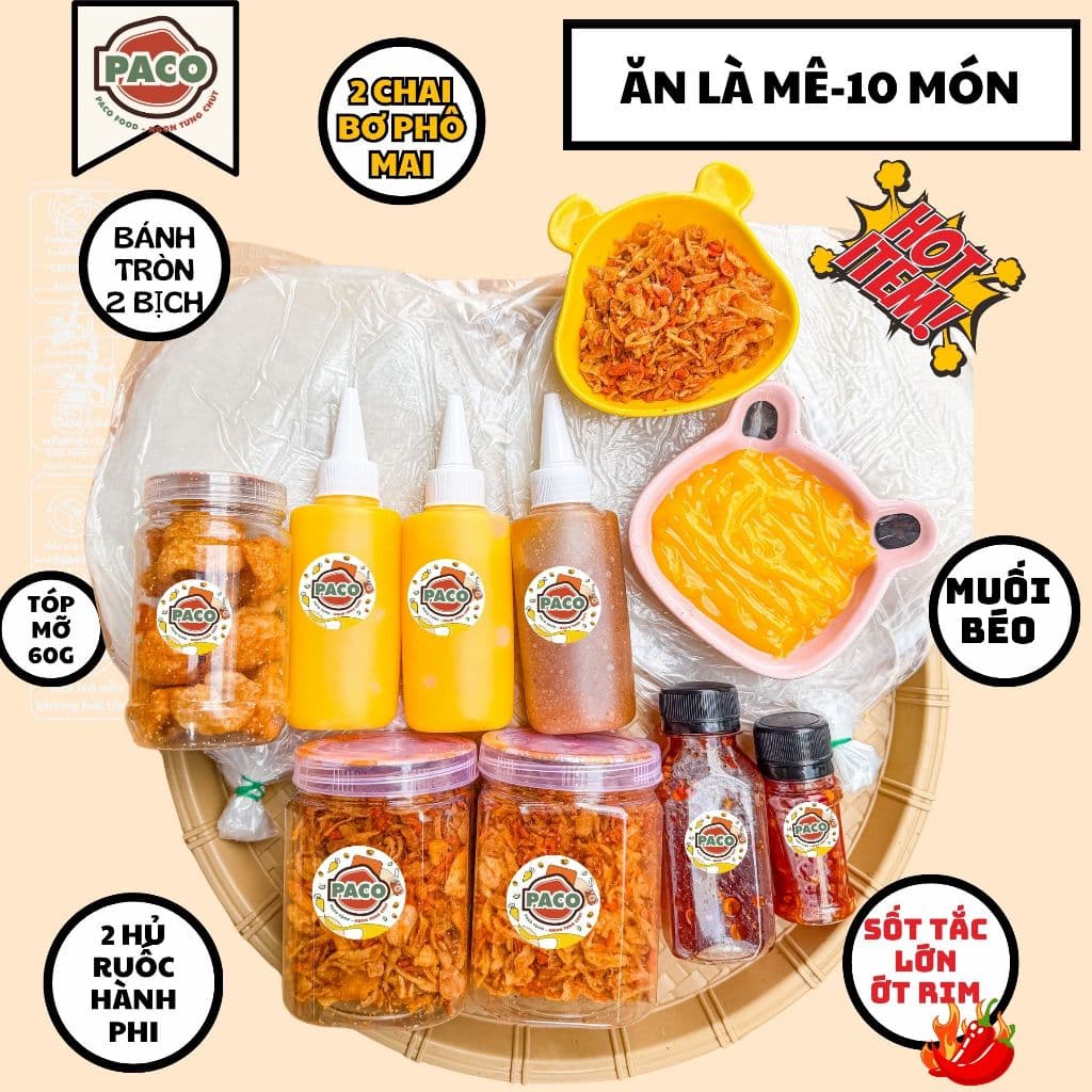 [ BEST SELLER] combo ăn là mê 10 món PACO gồm bánh tráng ruốc hành phi BƠ PHÔ MAI kèm muối béo kèm sốt-ăn vặt thịnh hành