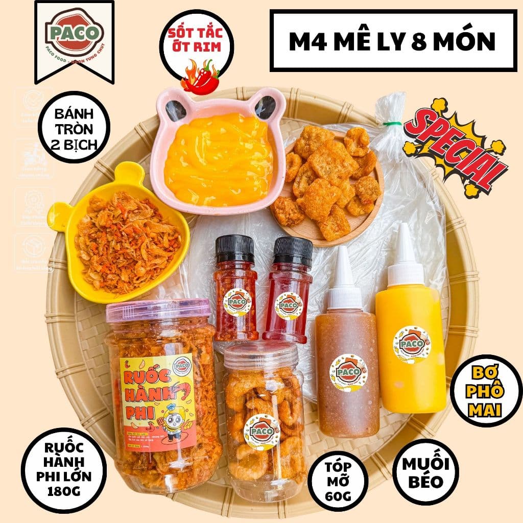 [DEAL HỜI] combo M4 mê ly 8 món đầy đủ full topping gồm bánh+ruốc hành tóp mỡ bơ phô mai muối béo 2 sốt-ăn vặt trend