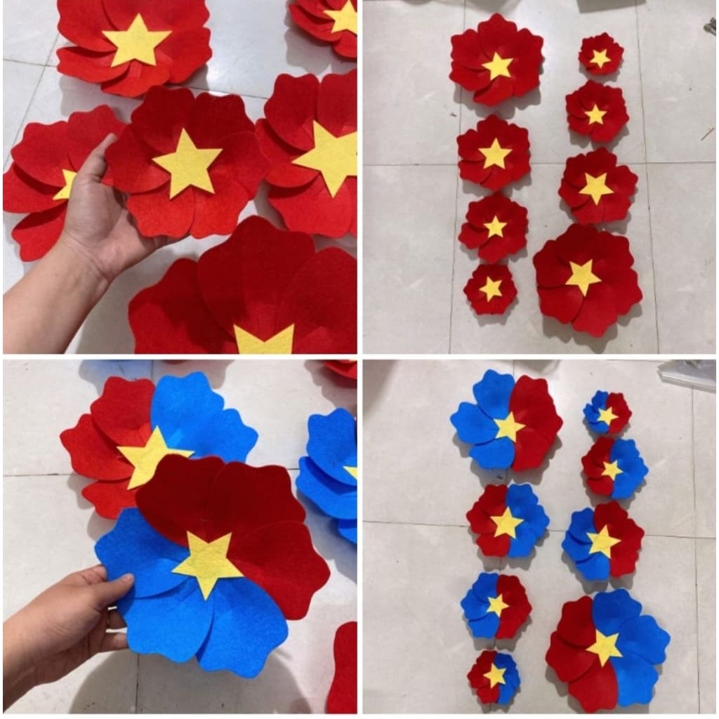 Set 8 hoa đỏ sao vàng, hoa nỉ trang trí 30/4, lễ 2/9, Hoa cờ giải phóng đỏ-xanh