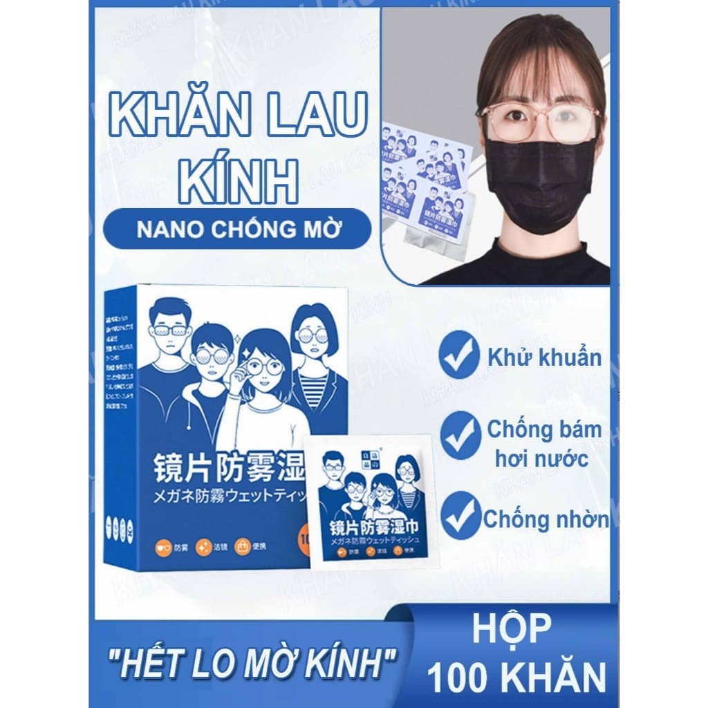Hộp 100 Khăn lau kính Nano, khăn giấy chống bám hơi nước, chống mờ sương, mồ hôi, chống nhờn