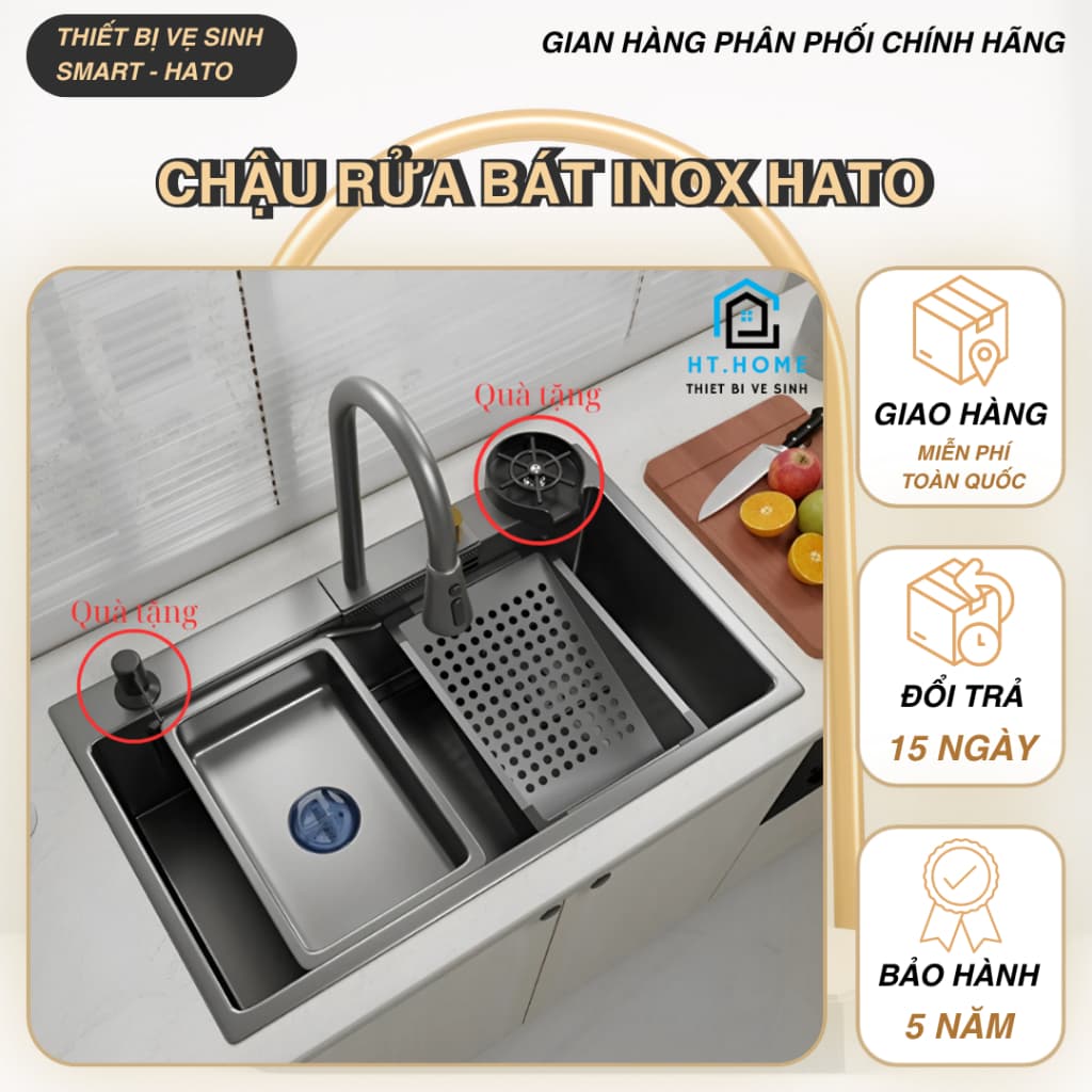 Chậu Rửa Bát 1 Hố Hato INOX SUS304 Cao Cấp Phủ Nano, Bồn Rửa Chén 1 Ngăn Lớn Kèm Vòi Thác Nước,Thớt, Khay Rửa, Xiphong