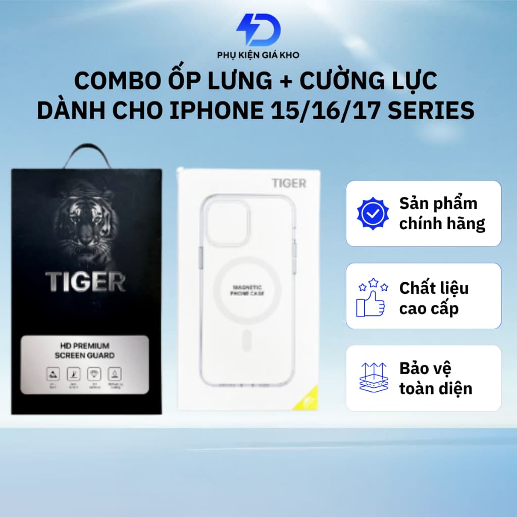 Combo Ốp lưng Tiger Magnetic trong suốt + Cường lực Tiger (chống nhìn trộm) dành cho iPhone 15 / 16 / 17 series