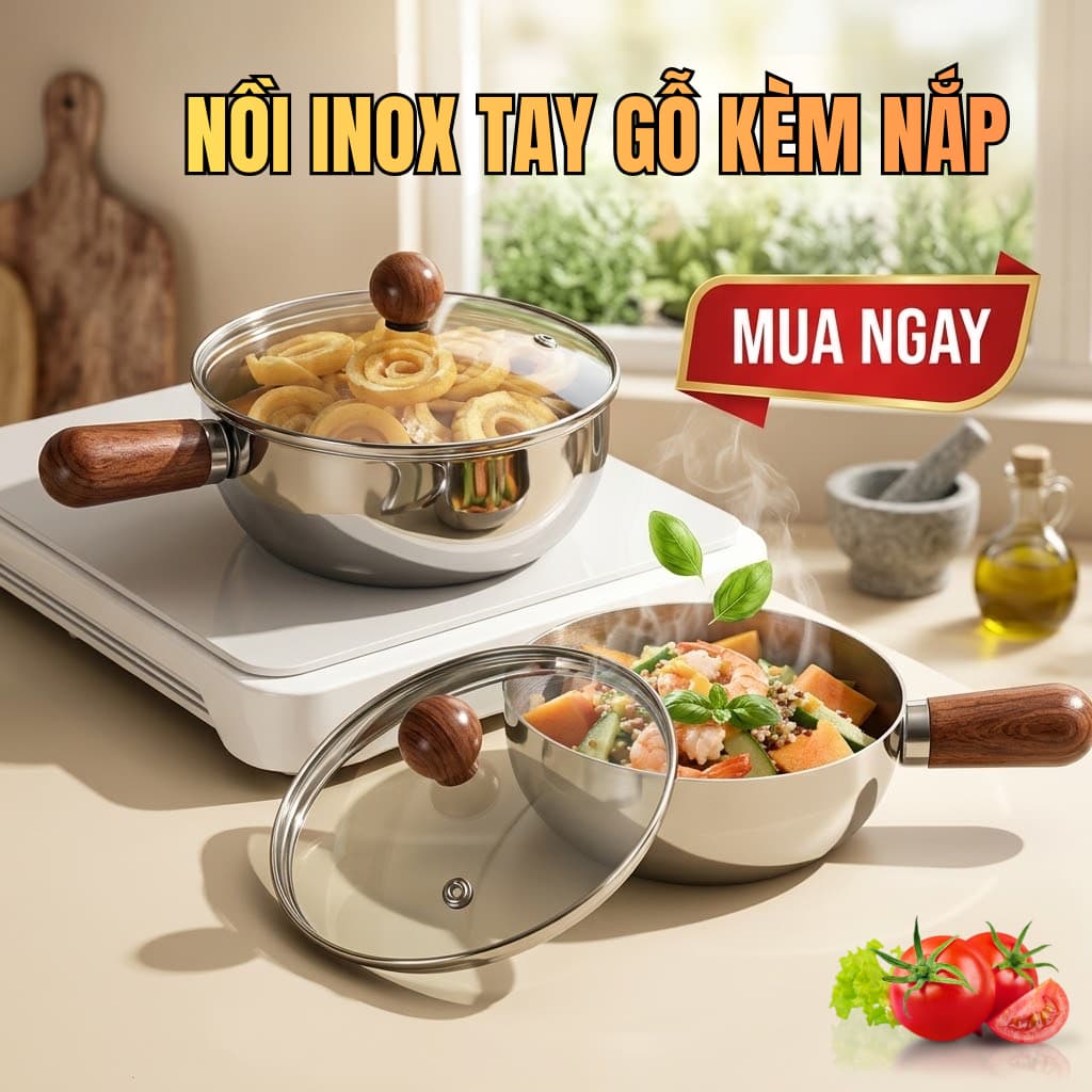 Nồi inox tay gỗ kèm nắp size 17cm, phù hợp nấu ăn, decor, tiện lợi, nhanh gọn cho mỗi gia đình, thiết kế sang trọng