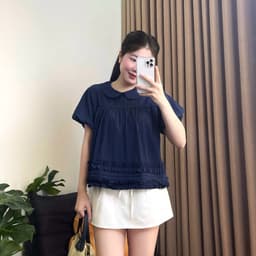 Áo sơ mi babydoll tay bồng 2 lớp cổ sen có phối bèo quanh áo chất vải gió hàn by Halinh M400 9