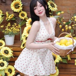 Đầm Cổ Yếm Viền Nơ Ren Ruy Băng Dáng Ngắn Bo Eo Dễ Thương 3