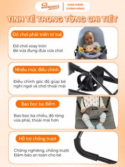 Ghế Nhún Rung Cao Cấp Cho Bé Sơ Sinh PEEWEES, Chống Võng Lưng, Chất Vải Cotton Thoáng Mát Giúp Bé Nằm Thoải Mái Dễ Chịu 5