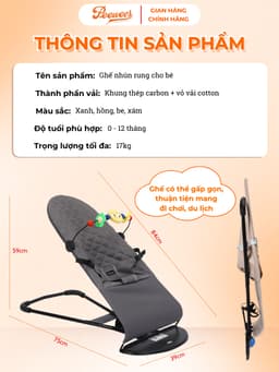 Ghế Nhún Rung Cao Cấp Cho Bé Sơ Sinh PEEWEES, Chống Võng Lưng, Chất Vải Cotton Thoáng Mát Giúp Bé Nằm Thoải Mái Dễ Chịu 4