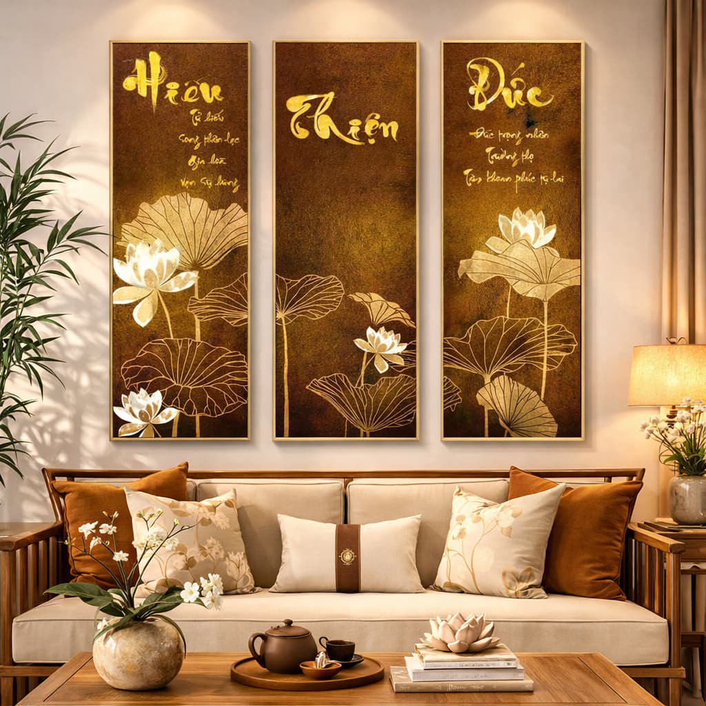SIZE LỚN Tranh Bộ Hoa Sen Chất Liệu Tráng Gương Cao Cấp Bo Khung, Tranh Sen Treo Phòng Thờ, Phòng Khách Phong Thủy