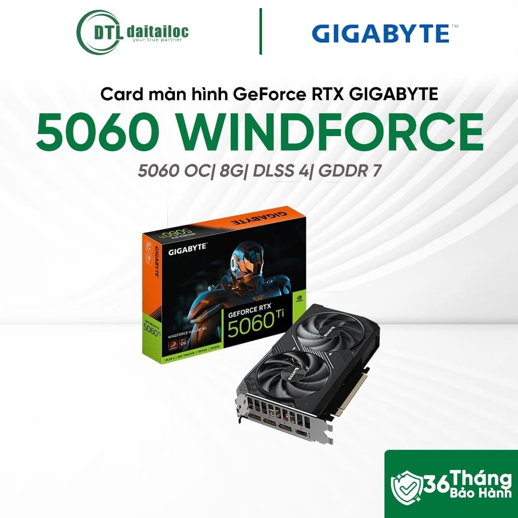 Card màn hình VGA GeForce RTX GIGABYTE 5060 WINDFORCE OC 8G DLSS4 GDDR 7 | Chính Hãng | Bảo Hành 36 Tháng