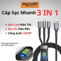 Dây Sạc 3IN1 Bọc Dù 100W Siêu Nhanh, Đa Năng, Có Đèn Led Hiển Thị Khi Sạc 1