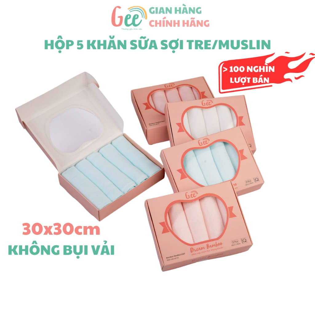Khăn sữa Gee cao cấp, set 5 khăn sợi tre/muslin cho bé sơ sinh, không bụi vải, mềm mịn, thấm hút