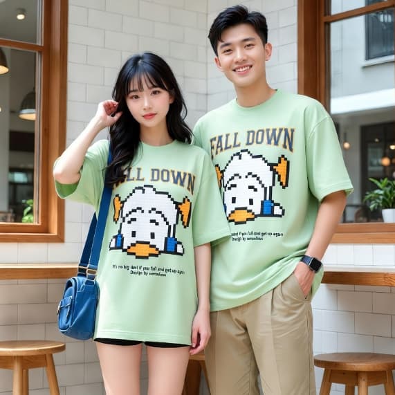 Áo Thun Vịt Fall Down 3178 Phom Rộng HY KOREA Vải Cotton 65/35 Co giãn Phù Hợp Nam Nữ Từ 35 Tới 80kg