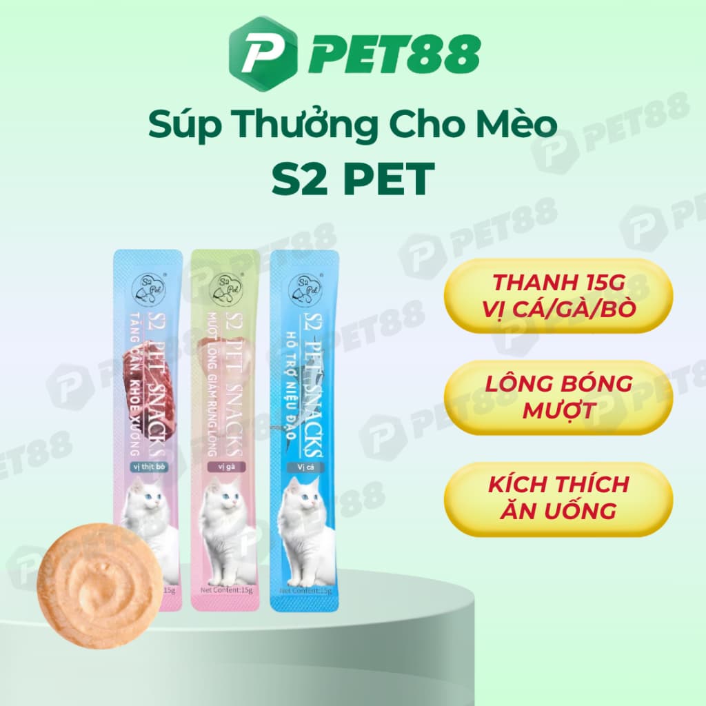 Súp thưởng thanh S2 PET 15G - đủ 3 vị thịt Tươi Nguyên Chất, Bổ Sung Vitamin, Không Chất Bảo Quản