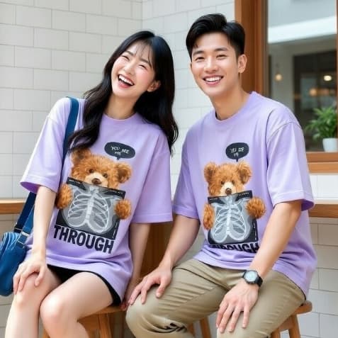 Áo Thun Bear THROUGH 3187 Phom Rộng HY KOREA Vải Cotton 65/35 Co giãn Phù Hợp Nam Nữ Từ 35 Tới 80kg
