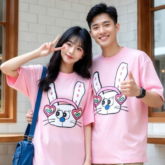 Áo Thun Thỏ Tai Nghe Cầu Vồng 3195 Phom Rộng HY KOREA Vải Cotton 65/35 Co giãn Phù Hợp Nam Nữ Từ 35 Tới 80kg