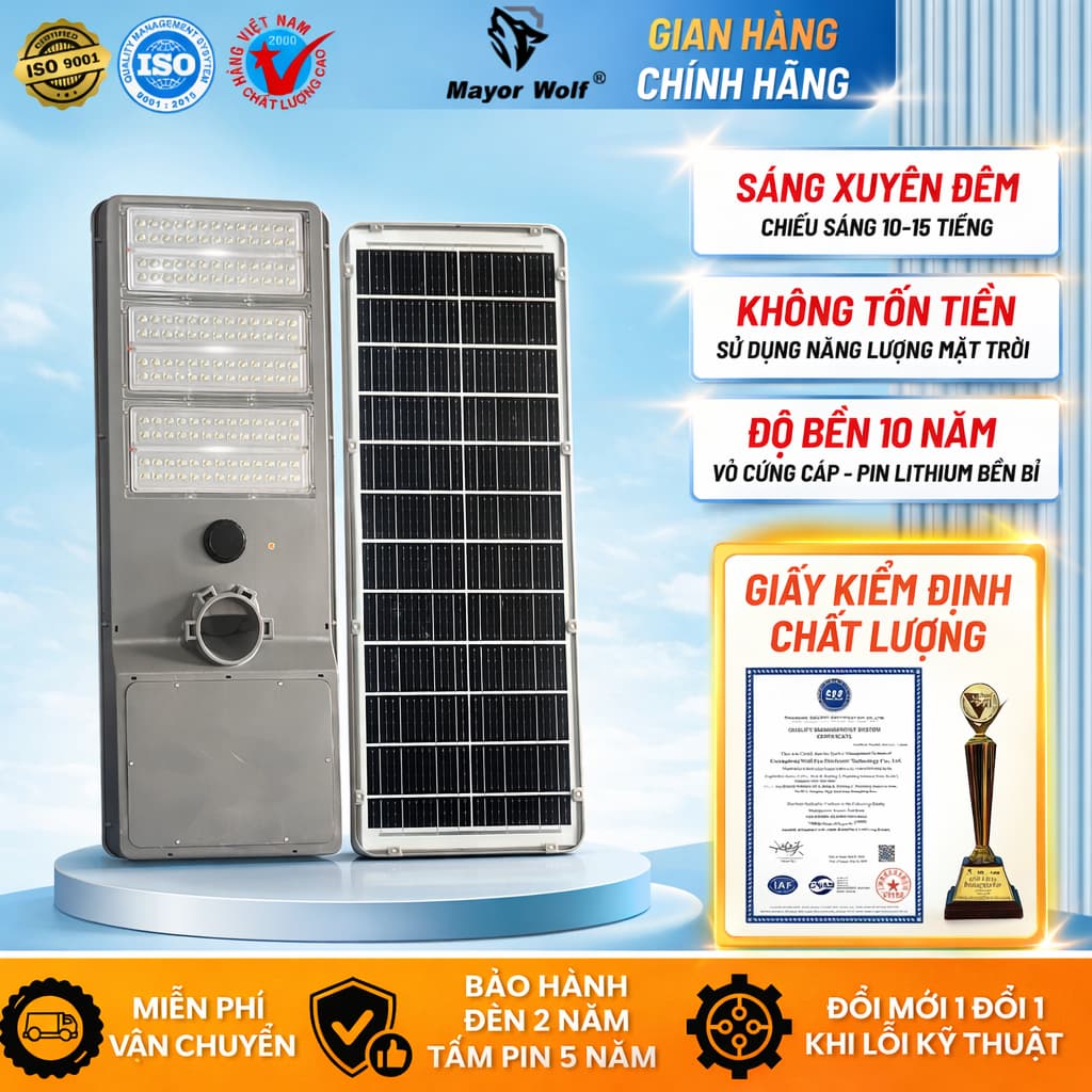 Đèn Đường Năng Lượng Mặt Trời Liền Thể CS 300W MayorWolf Bảo Hành 2 Năm