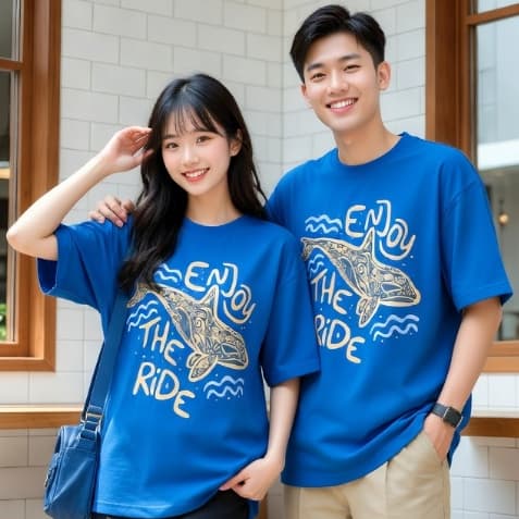 Áo Thun Cá Voi Enjoy 3188 Phom Rộng HY KOREA Vải Cotton 65/35 Co giãn Phù Hợp Nam Nữ Từ 35 Tới 80kg