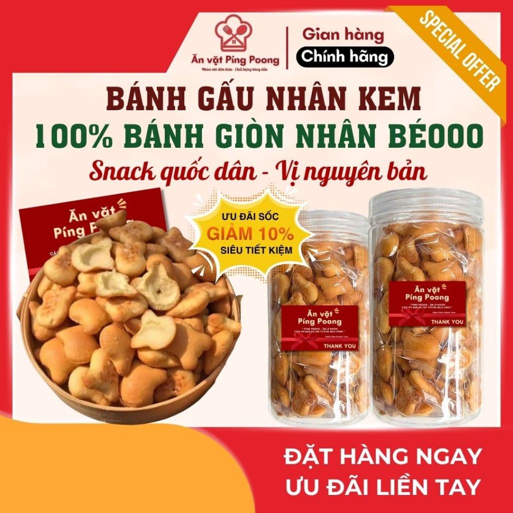 Bánh Gấu Nhân Kem Vị Nguyên Bản Tuổi Thơ 350G - Lớp Vỏ Giòn Rụm, Nhân Kem Béo Ngậy, Thơm Ngon