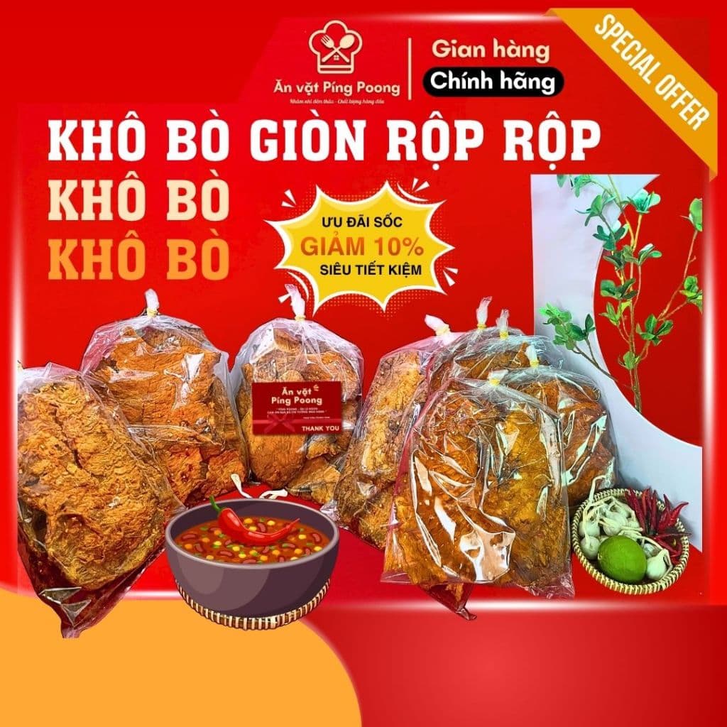 Khô Bò Giòn Tan Ăn Liền Miếng Tảng 500g - Thơm Ngon Hấp Dẫn, Tẩm Ướp Gia Vị Đậm Đà