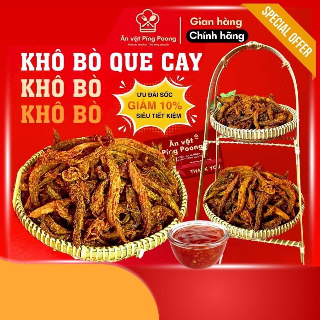 Khô Bò Que Mềm Cay The Ăn Liền Hộp 500g - Hương Vị Đậm Đà Truyền Thống, Ăn Vặt/Làm Quà Tặng
