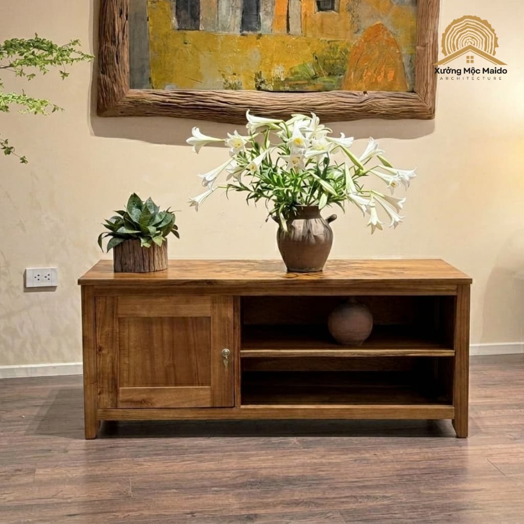 Tủ Kệ Tivi Gỗ Tràm Tự Nhiên Lau Dầu – Tủ Để Sách Có Ngăn Khóa – Xưởng Mộc Maido