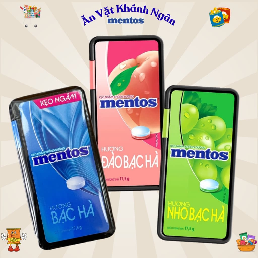 Combo Kẹo Ngậm Không Đường Mentos Hương Đào, Nho, Bạc Hà Hộp Nhỏ Tiện Lợi 17,5g - HÀNG CHÍNH HÃNG