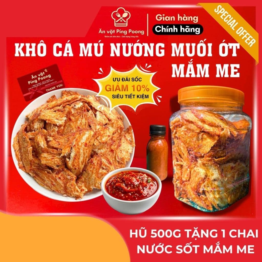 [Tặng Chai Sốt Chấm Mắm Me] Khô Cá Mú Nướng Muối Ớt Ăn Liền, Nhâm Nhi Cùng Bạn Bè, Khô Cá Mú Nướng Hũ 500Gr