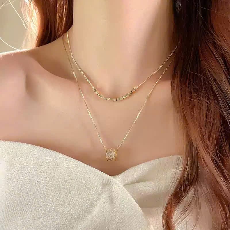 Dây Chuyền Nữ 2 Lớp Mạ Vàng Cao Cấp – Vòng Cổ Layer Mix Mặt Hình Học Và Khối Tròn Đính Đá Sang Trọng