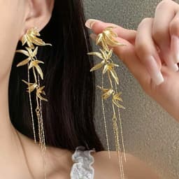 Bông Tai Dáng Dài Hình Lá Tre Mạ Kim Loại Cao Cấp – Khuyên Tai Tua Rua Phong Cách Trung Hoa Sang Trọng Dự Tiệc 1