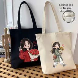 Túi vải tote hình cô gái hot trend khóa kéo, ngăn phụ thời trang túi tote dễ thương đựng vừa A4 35x40cm tota0312 5