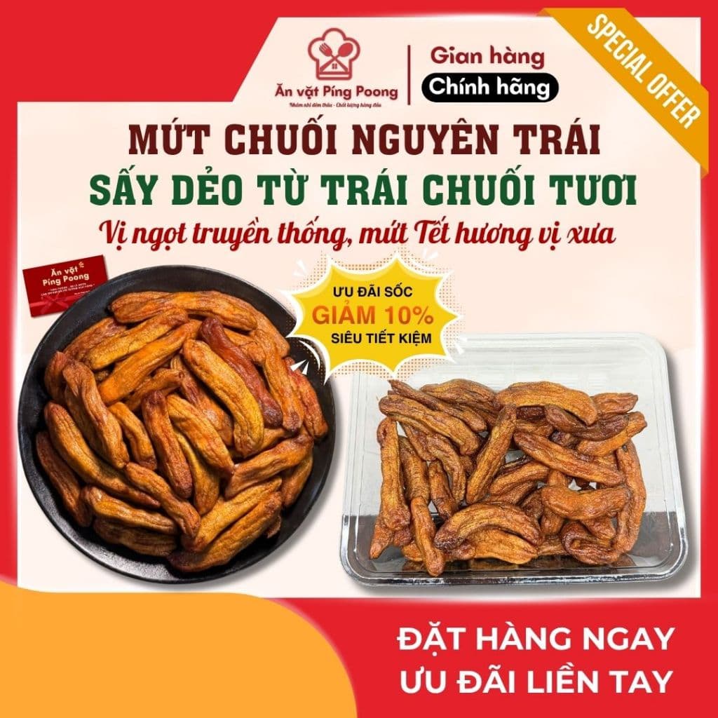 Mứt Chuối Nguyên Trái Sấy Dẻo Hộp 500G Vị Ngọt Nhâm Nhi Trà Tết, Chuối Sấy Khô, Trái Cây Sấy