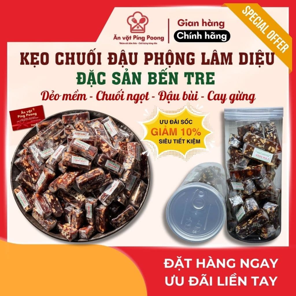 [Lon 500G] Kẹo Chuối Đậu Phộng Lâm Diệu, Thanh Kẹo Chuối Đặc Sản Bến Tre, Đậu Phộng Cay Gừng