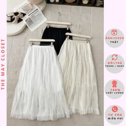 𝑨𝒏𝒏 𝑺𝒕𝒖𝒅𝒊𝒐 [Ảnh Thật - QCL1] Chân Váy Voan Tơ Bồng Nhăn 3 Lớp Dài 90cm Xòe Midi Nữ 3 Tầng Cạp Chun (9307) 1