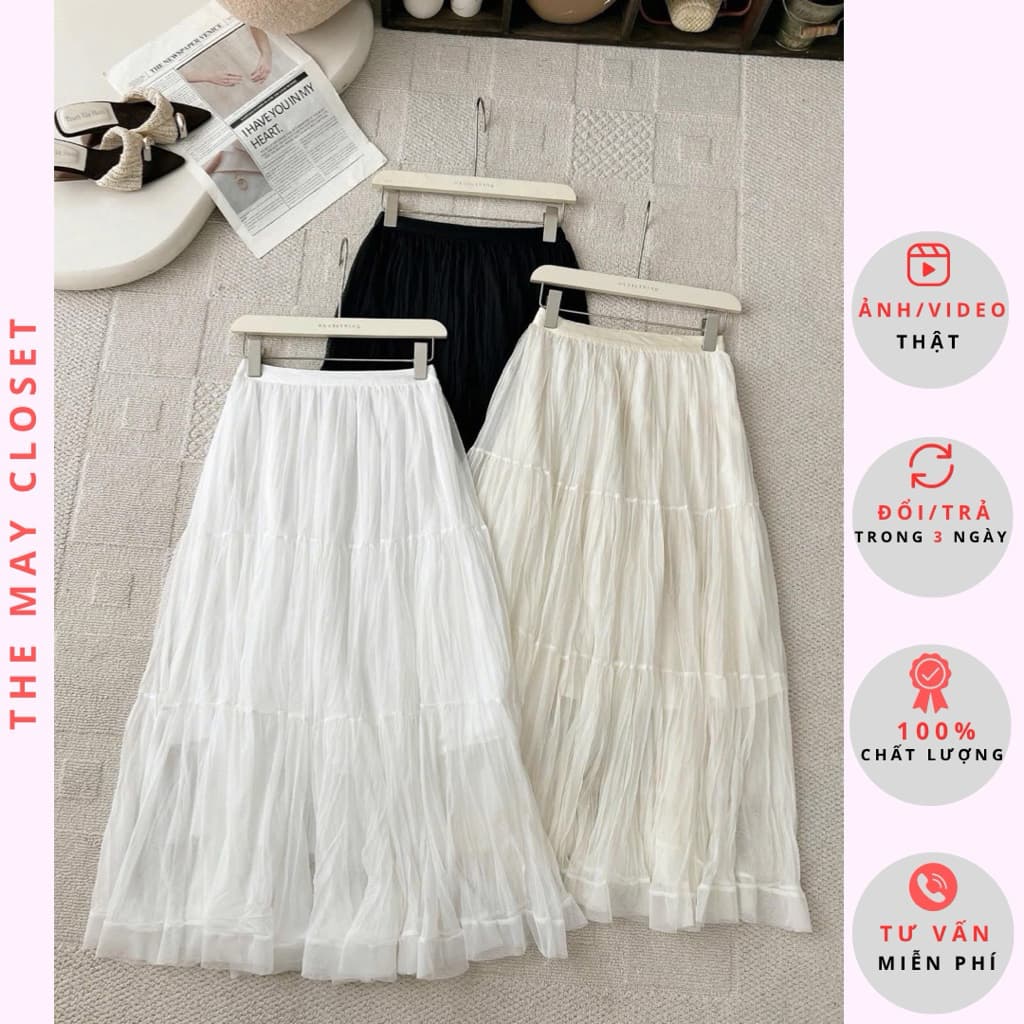 𝑨𝒏𝒏 𝑺𝒕𝒖𝒅𝒊𝒐 [Ảnh Thật - QCL1] Chân Váy Voan Tơ Bồng Nhăn 3 Lớp Dài 90cm Xòe Midi Nữ 3 Tầng Cạp Chun (9307)