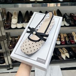 (MỚI HOT) Giày cao gót lưới chấm bi Giày búp bê lưới chấm bi nơ ngọc mẫu mới V55 Giày búp bê nữ quai nơ ngang tiểu thư 2