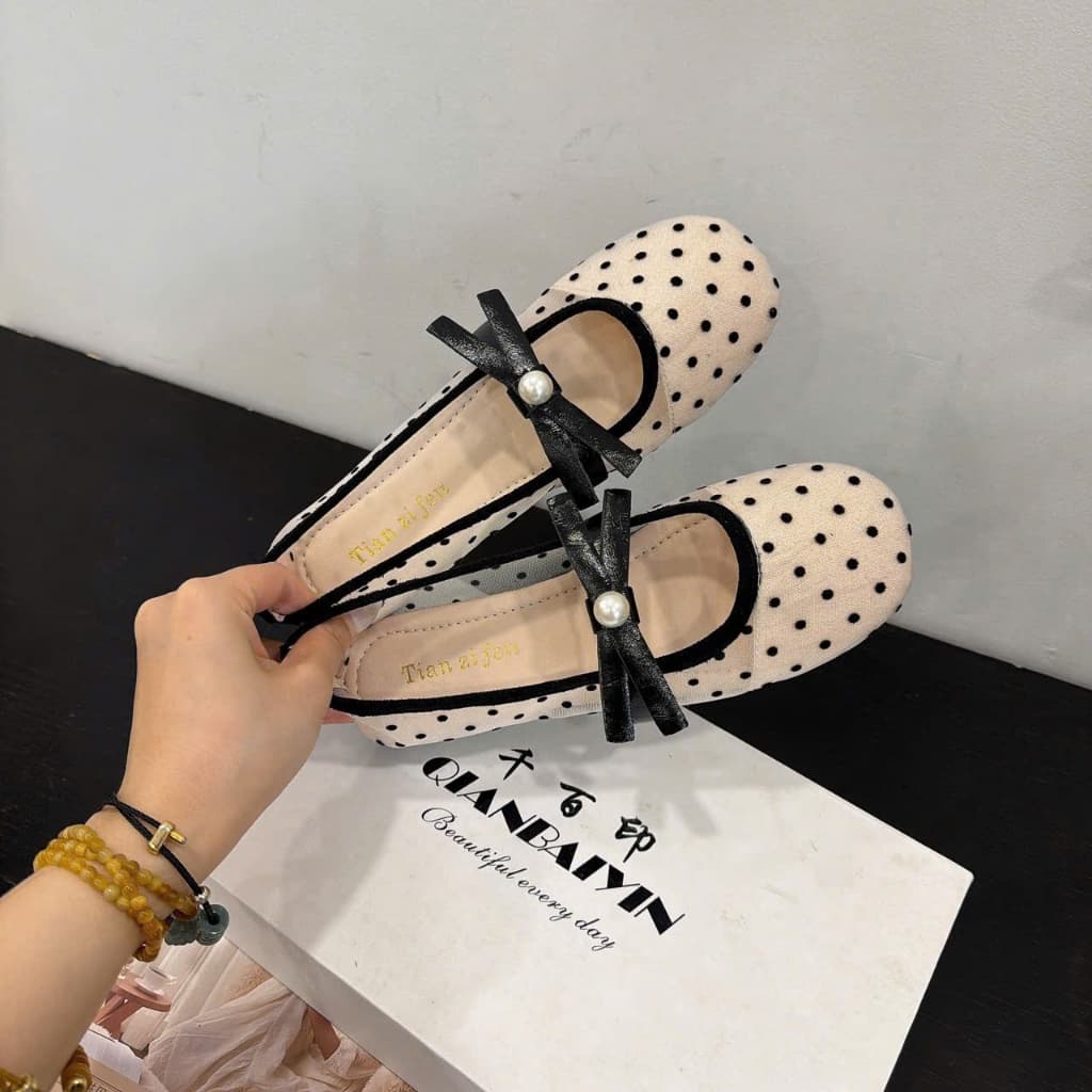 (MỚI HOT) Giày cao gót lưới chấm bi Giày búp bê lưới chấm bi nơ ngọc mẫu mới V55 Giày búp bê nữ quai nơ ngang tiểu thư