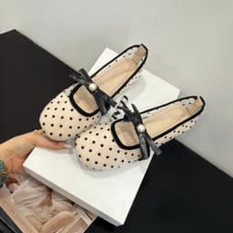 (MỚI HOT) Giày cao gót lưới chấm bi Giày búp bê lưới chấm bi nơ ngọc mẫu mới V55 Giày búp bê nữ quai nơ ngang tiểu thư 3