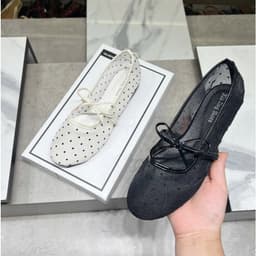 (MỚI HOT) Giày cao gót lưới chấm bi Giày búp bê lưới chấm bi nơ ngọc mẫu mới V55 Giày búp bê nữ quai nơ ngang tiểu thư 8